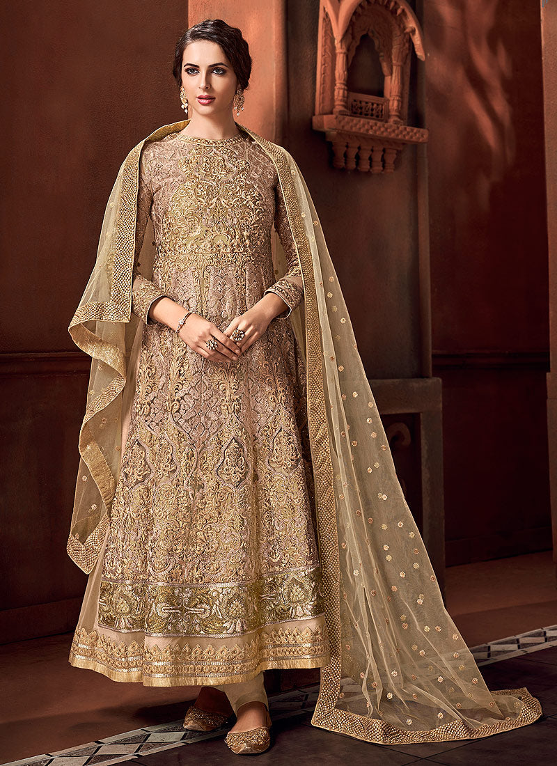 Golden Beige Embroidered Anarkali Suit