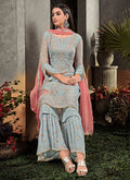 Blue And Peach Floral Embroidered Palazzo Suit