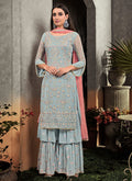 Blue And Peach Floral Embroidered Palazzo Suit
