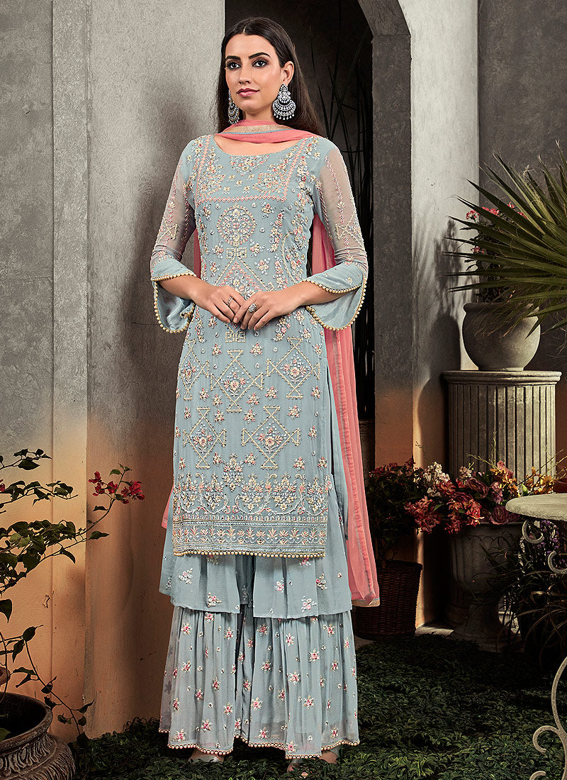 Buy Indian Blue And Peach Floral Embroidered Palazzo Suit for Women ...