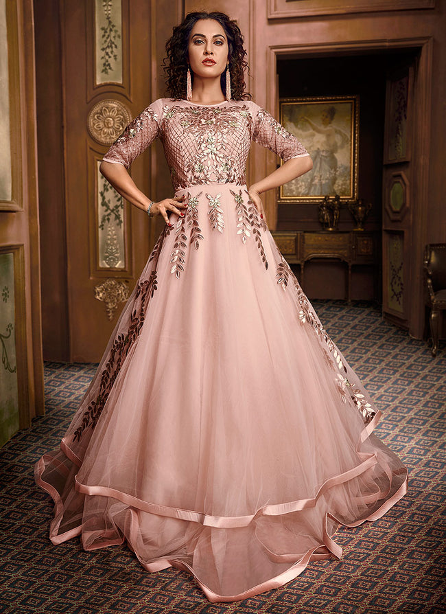 Ethereal Blossom: Hand-Embroidered Pink Silk Gown – Foxy Indian