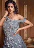 Grey Floral Embroidered Layered Indo Western Gown, Salwar Kameez