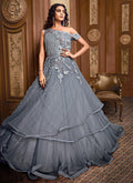 Indian Clothes - Grey Floral Embroidered Layered Indo Western Gown