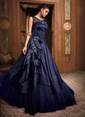 Navy Blue Floral Embroidered Layered Indo Western Gown, Salwar Kameez