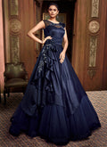 Indian Clothes - Navy Blue Floral Embroidered Layered Indo Western Gown
