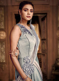 Grey Floral Bunch Embroidered Layered Indo Western Gown, Salwar Kameez