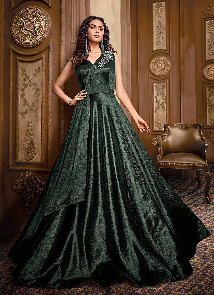 Buy Dark Green Floral Embroidered Layered Indo Western Gown Online | Hatkay Buy Dark Green Floral Embroidered Layered Indo Western Gown Online | Hatkay