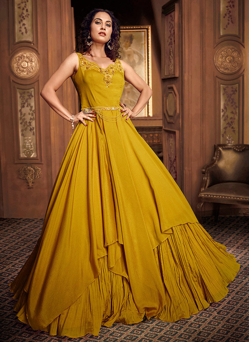 Yellow fancy Gown with pink Dupata | Ethnicroop