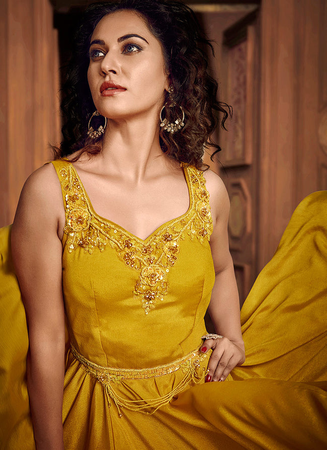 Yellow Floral Embroidered Layered Indo Western Gown, Salwar Kameez