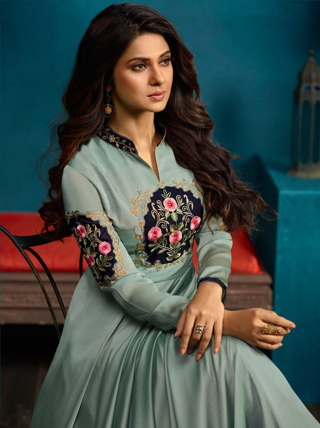 Teal All Over Minimalist Embroidered Anarkali
