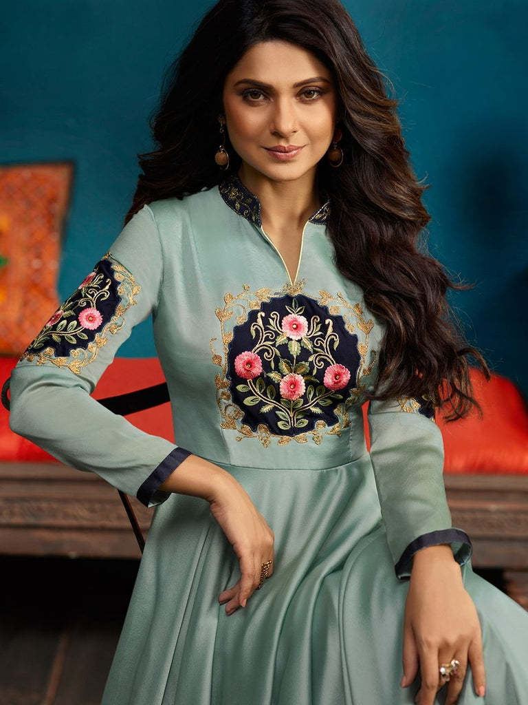 Teal All Over Minimalist Embroidered Anarkali