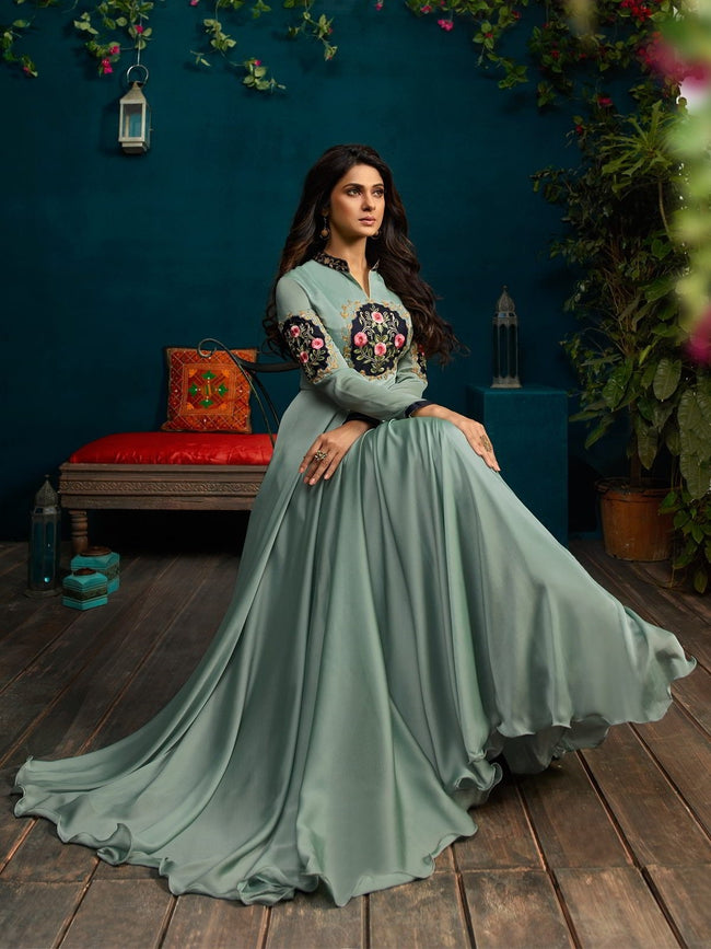 Teal All Over Minimalist Embroidered Anarkali
