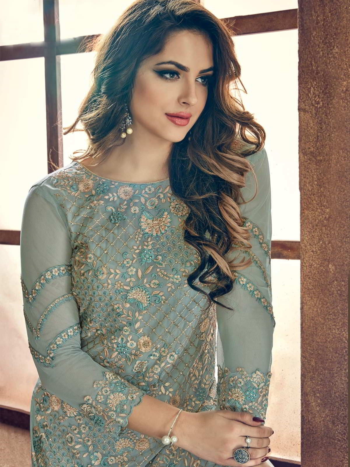 Teal And Beige Minimalist Embroidered Pant Suit