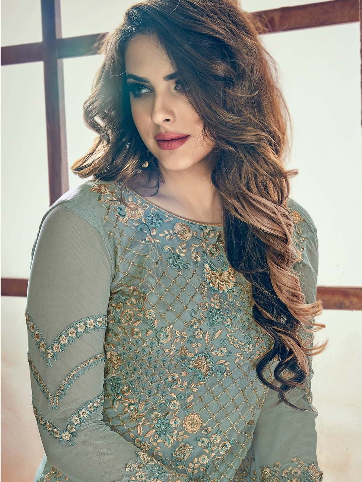 Teal And Beige Minimalist Embroidered Pant Suit