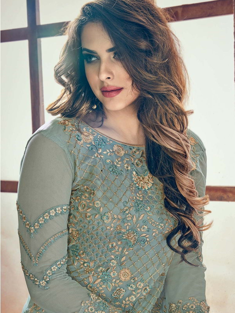 Teal And Beige Minimalist Embroidered Pant Suit