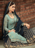 Teal And Blue Traditional Embroidered Palazzo Suit