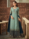 Teal And Blue Traditional Embroidered Palazzo Suit