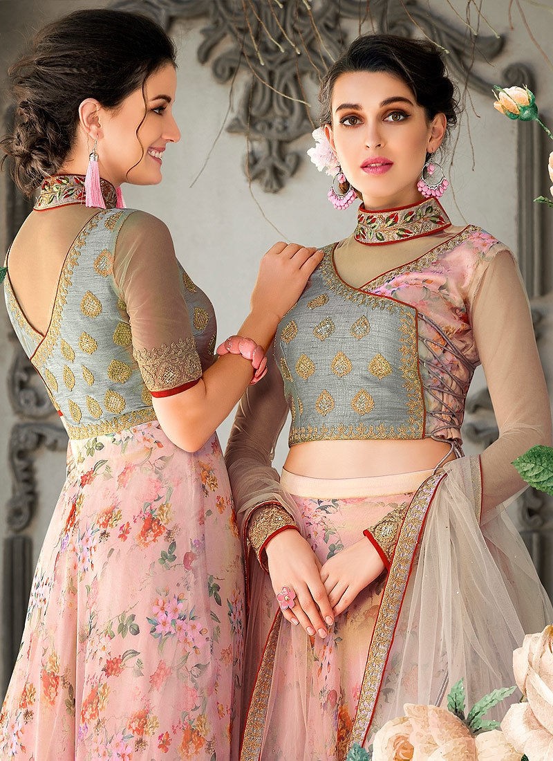 Teal And Pink Floral Embroidered Lehenga Choli Suit