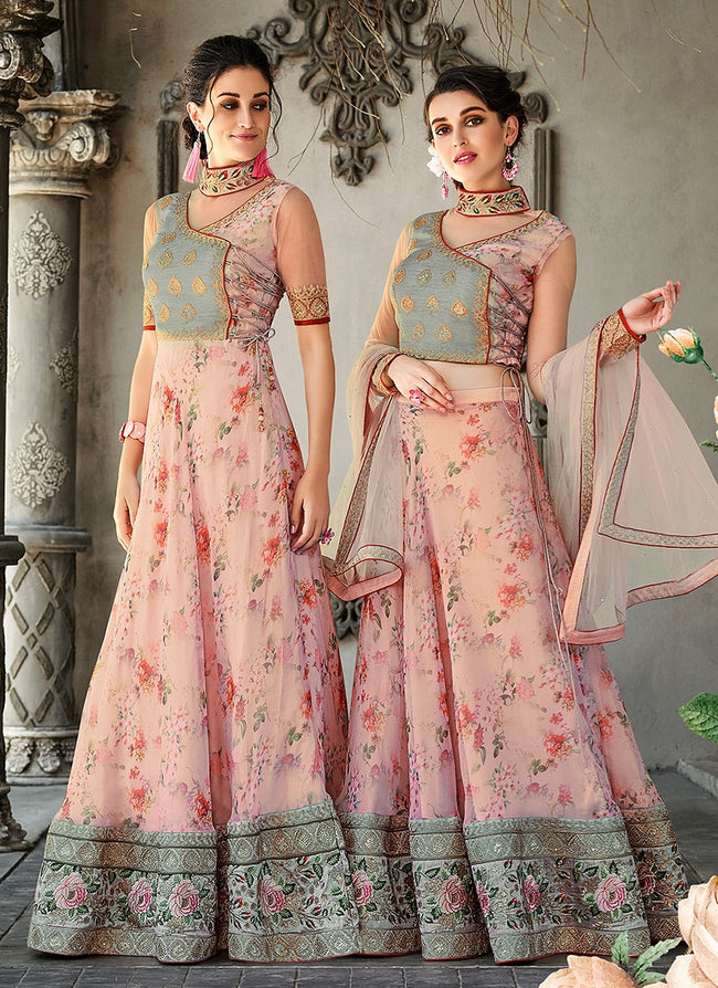 Teal And Pink Floral Embroidered Lehenga Choli Suit Hatkay