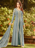 Teal Blue Golden Embroidered Slit Style Anarkali Suit