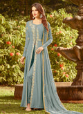 Teal Blue Golden Embroidered Slit Style Anarkali Suit