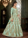Teal Ethnic Bunch Embroidered Flared Anarkali Suit