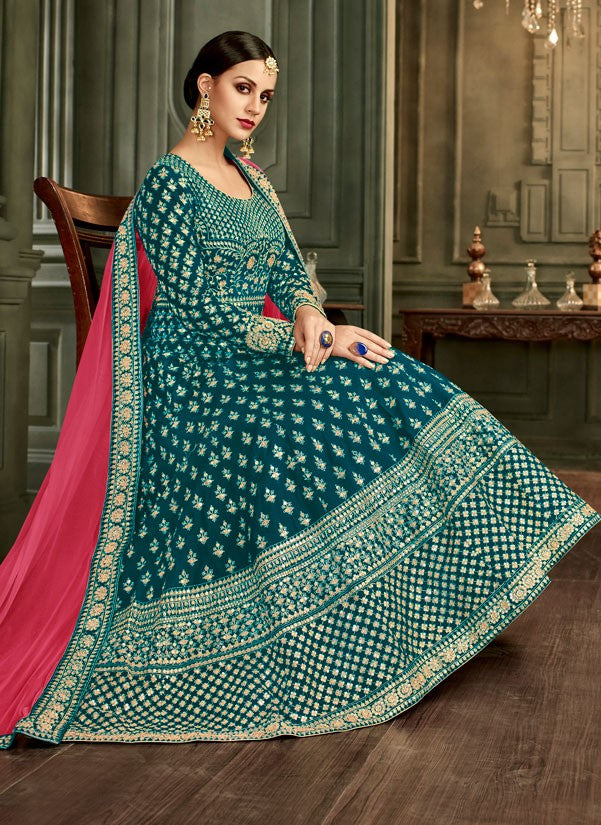Teal Ethnic Butti Embroidered Flared Anarkali Suit