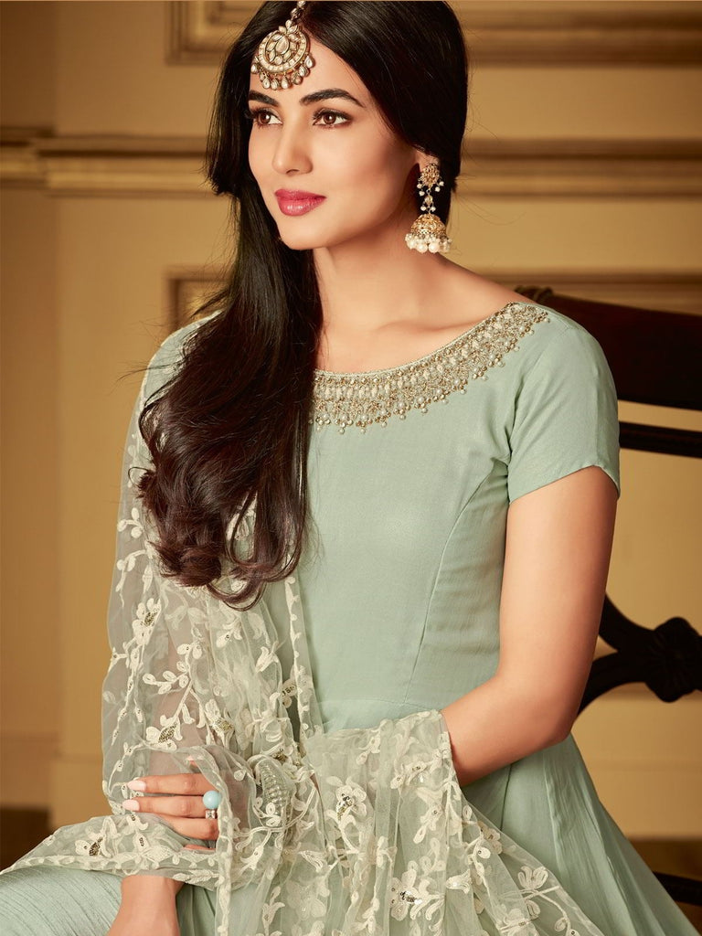 Teal Green Ethnic Embroidered Slit Style Anarkali Pant Suit
