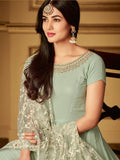 Teal Green Ethnic Embroidered Slit Style Anarkali Pant Suit