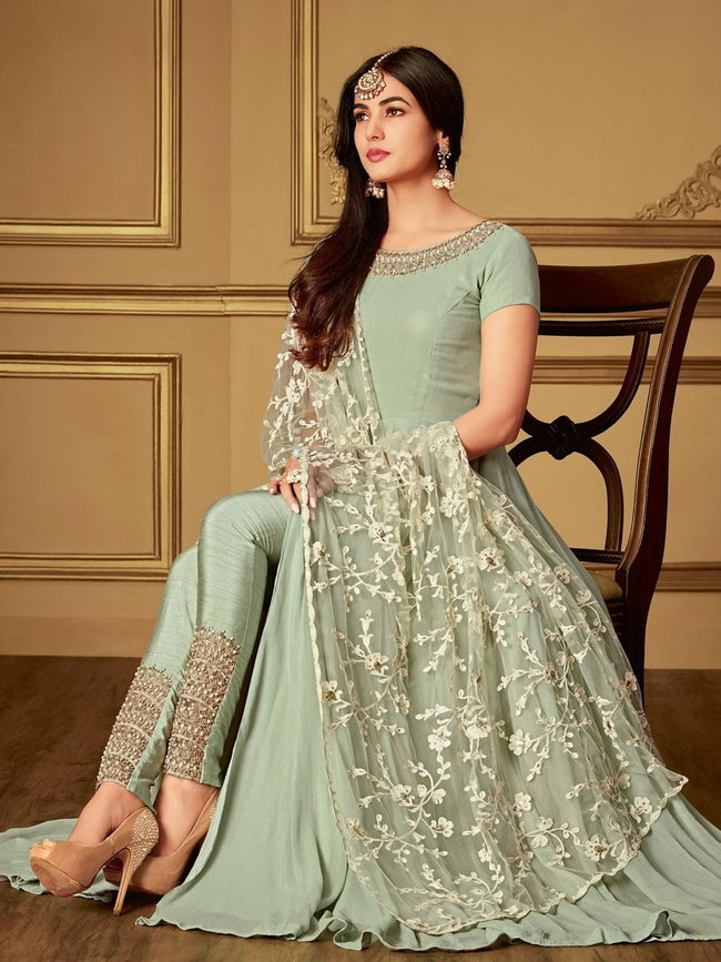 Teal Green Ethnic Embroidered Slit Style Anarkali Pant Suit Hatkay