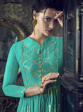Turquoise And Golden Embroidered Flared Anarkali Suit