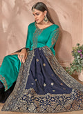 Turquoise And Navy Combination Embroidered Palazzo Suit