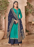 Turquoise And Navy Combination Embroidered Palazzo Suit