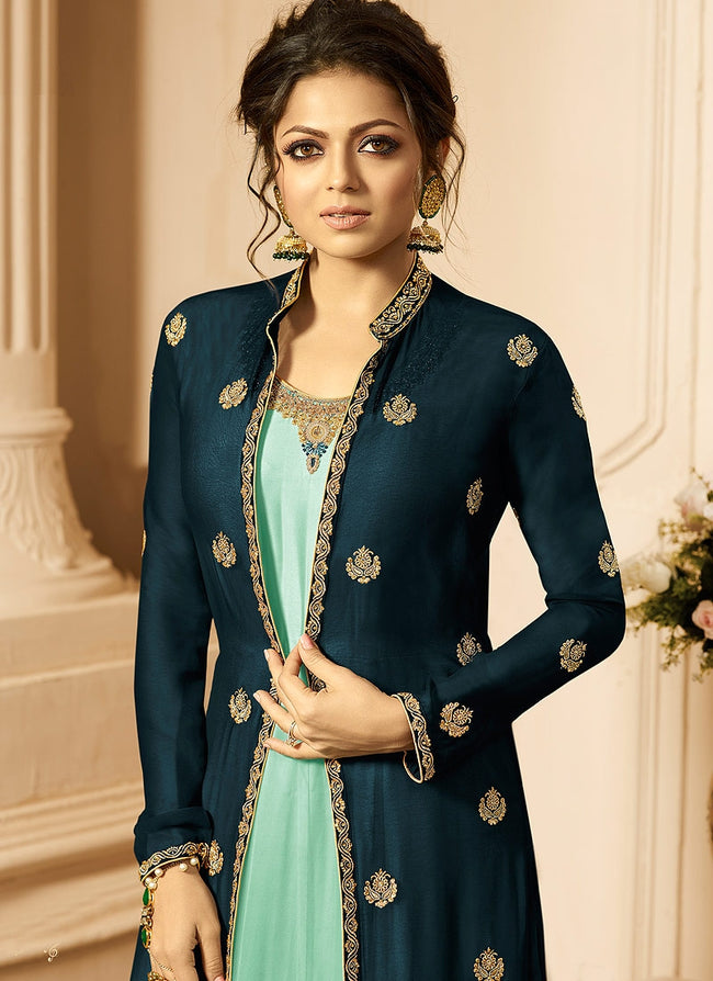 Turquoise And Sea Blue Embroidered Jacket Anarkali Suit