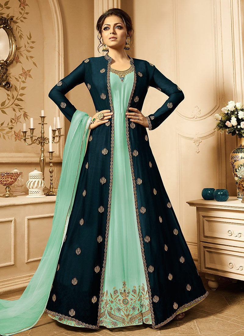 Turquoise And Sea Blue Embroidered Jacket Anarkali Suit Hatkay