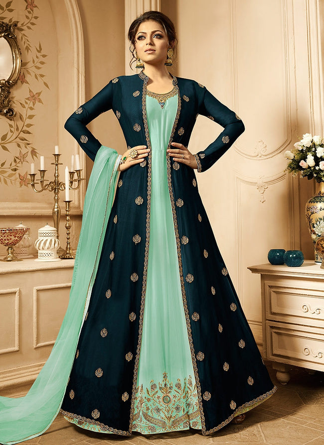 Turquoise And Sea Blue Embroidered Jacket Anarkali Suit