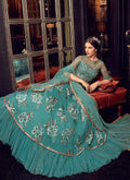 Turquoise Blue Bunch Embroidered Frilled Anarkali Suit