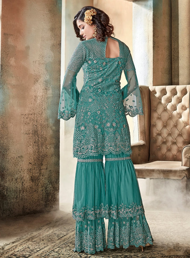 Turquoise Blue Embroidered Layered Style Gharara Suit