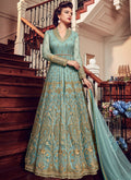 Turquoise With Golden Details Kalidar Anarkali Lehenga/Pant Suit