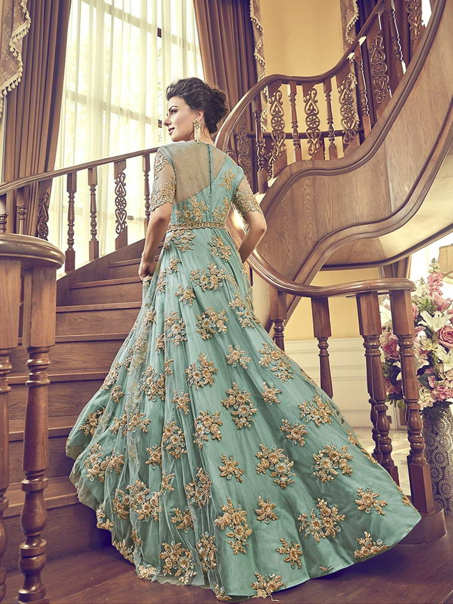 Turquoise Floral Embroidered Designer Bridal Anarkali Suit Hatkay