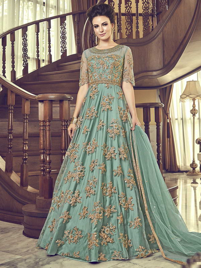 Turquoise Floral Embroidered Designer Bridal Anarkali Suit