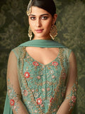 Turquoise Front Slit Embroidered Anarkali Pant Suit