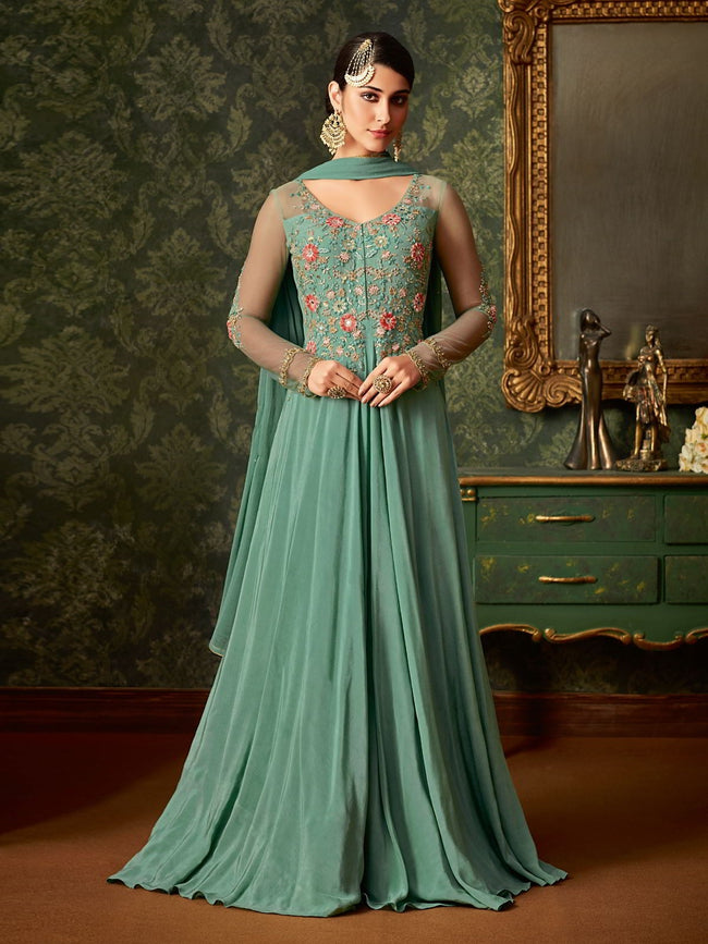 Turquoise Front Slit Embroidered Anarkali Pant Suit