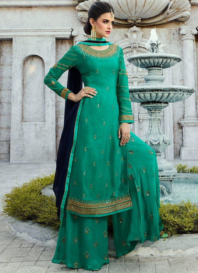 Turquoise Embroidered Georgette Palazzo Suit