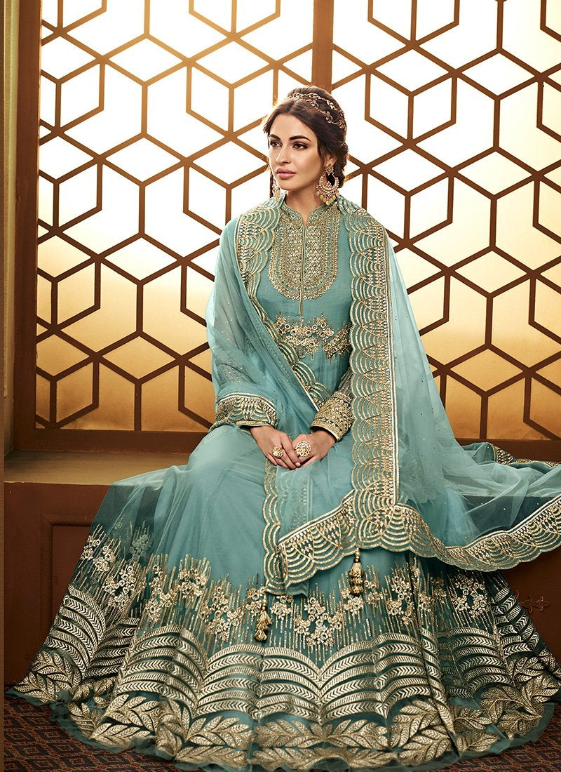 Turquoise Golden Embroidered Net Anarkali Suit