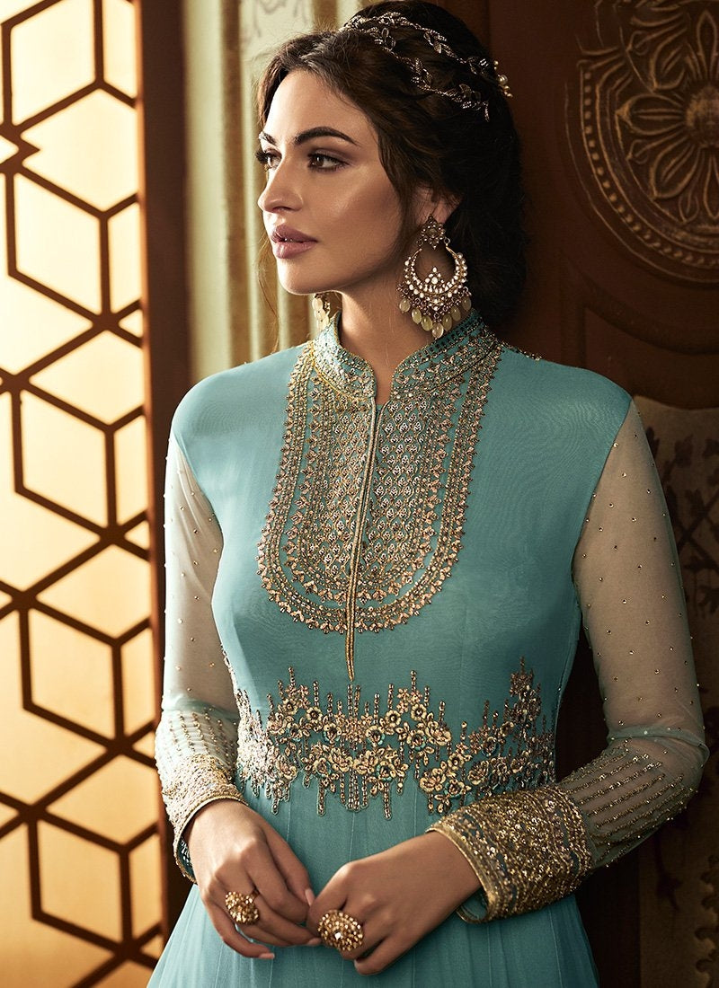 Turquoise Golden Embroidered Net Anarkali Suit