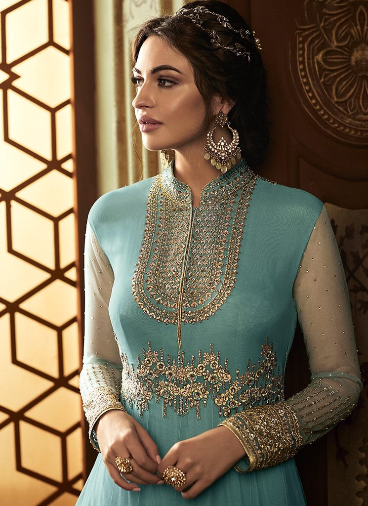 Turquoise Golden Embroidered Net Anarkali Suit