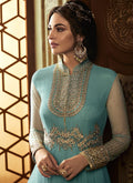 Turquoise Golden Embroidered Net Anarkali Suit