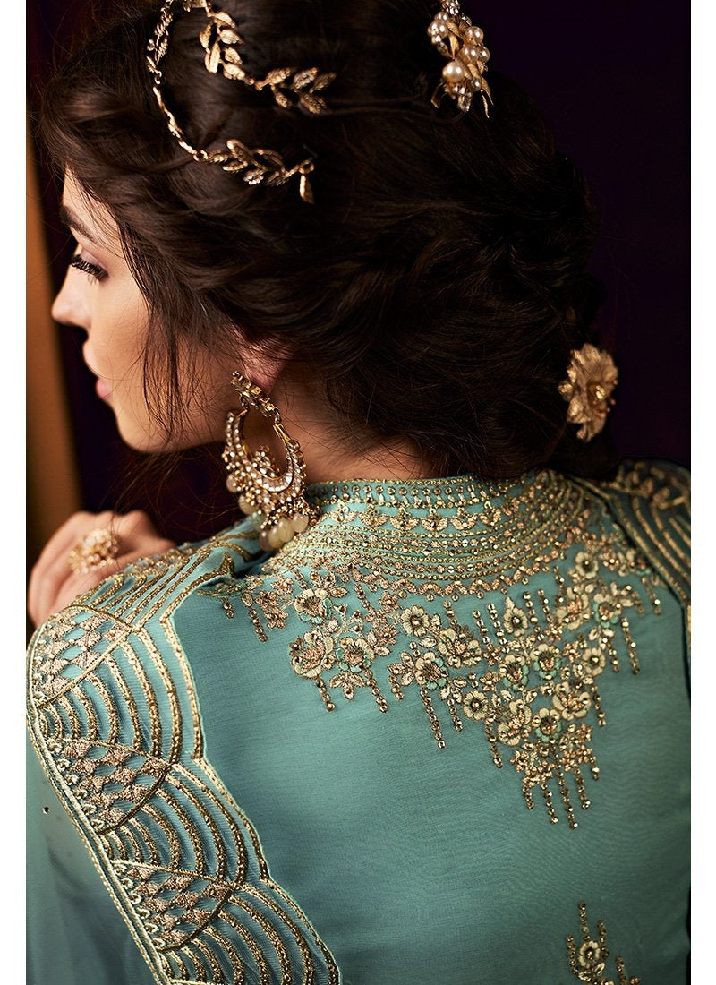 Turquoise Golden Embroidered Net Anarkali Suit