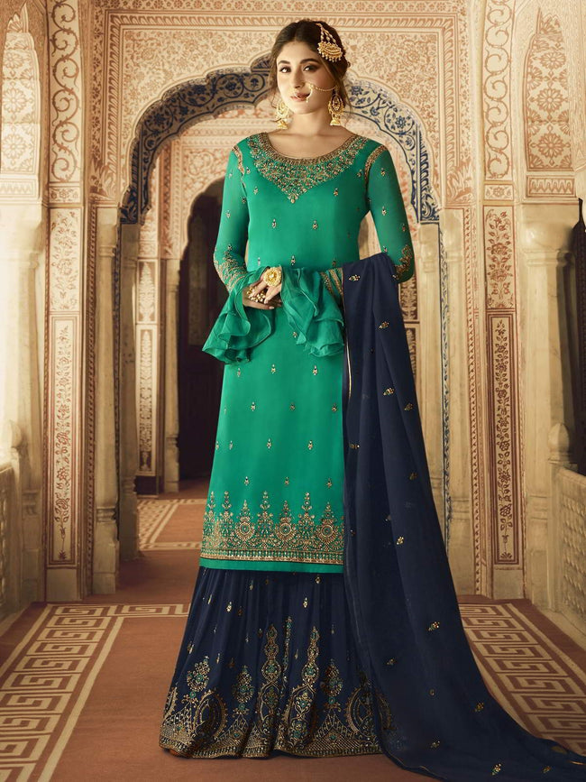 Turquoise Green And Blue Ethnic Embroidered Sharara Suit
